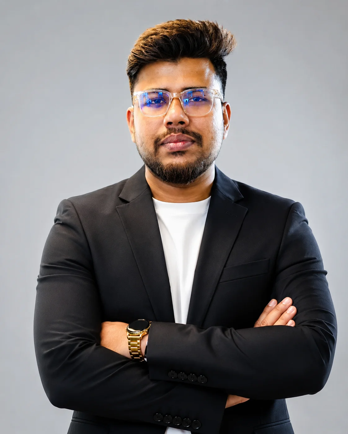 JAHIRUL ISLAM wearing glasses and a black blazer